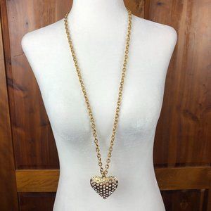 Bloomingdale’s Gold Tone Rhinestone Heart Pendant Statement Necklace Glamcore